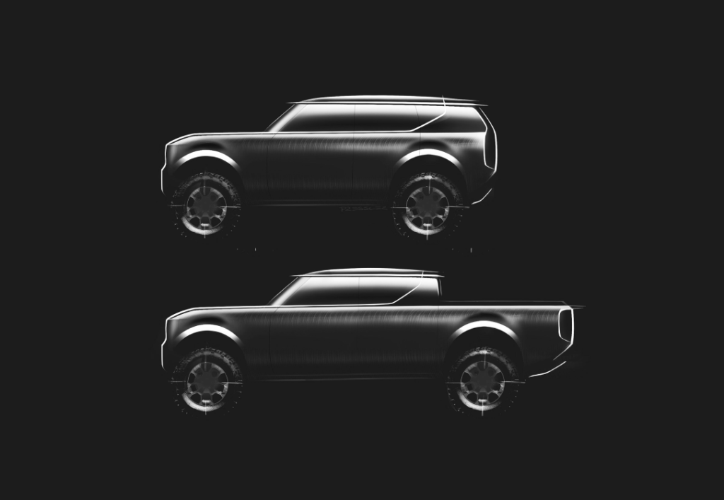 Teaser de los modelos que Scout Motors presentará en octubre.