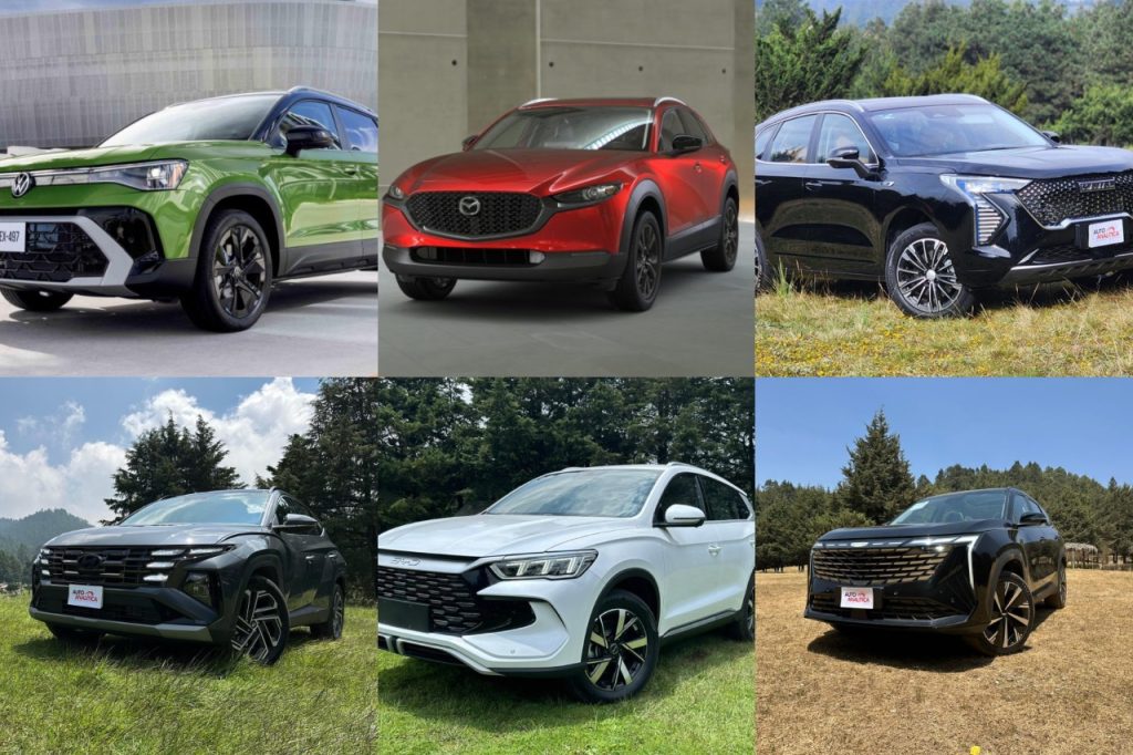 Las mejores SUVs del 2025 en México: BYD Song Pro, Geely Starray, Haval Jolion HEV, Hyundai Tucson, Mazda CX-30 y Volkswagen Taos.